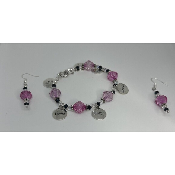 Bracelet and Earring Set Light Pink Dark Pink Glass Beads Charms Toggle Clasp - Picture 1 of 12